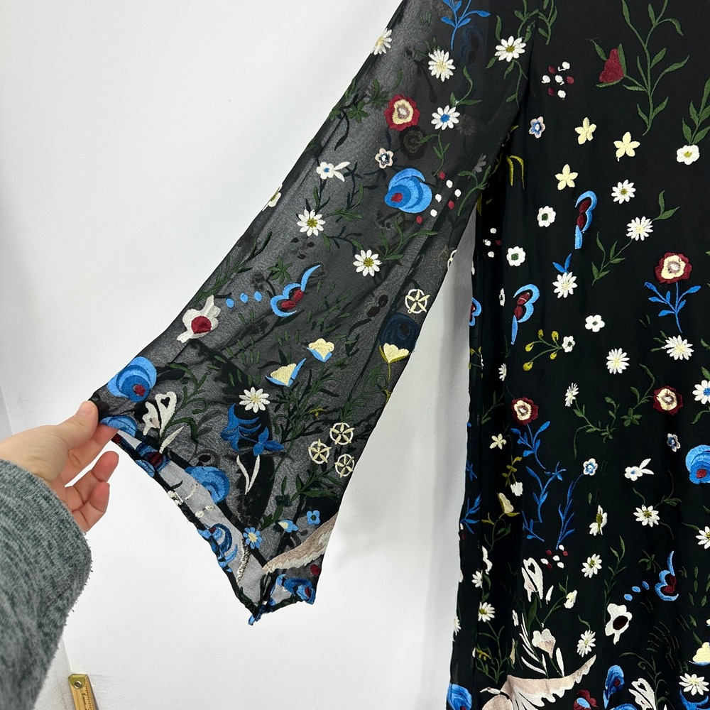 Alice + Olivia Eleonora Silk Embroidered Floral Bird Flare Sleeve Shift Dress S - Picture 3 of 9